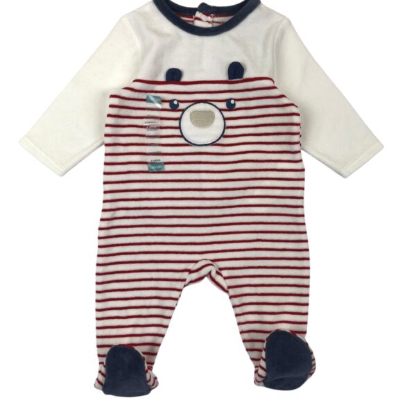 PYJAMA VELOURS RAYÉ ROUGE BLANC - OBAIBI - 3 MOIS